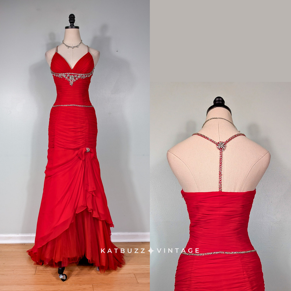 Y2K Alyce Prom Dress Maxi Gown XS Red Silk Vtg Glam Rhinestone Mermaid Ruffle